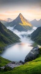 Serene alpine lake nestled in a valley, bathed in golden sunrise light, surrounded by misty mountains