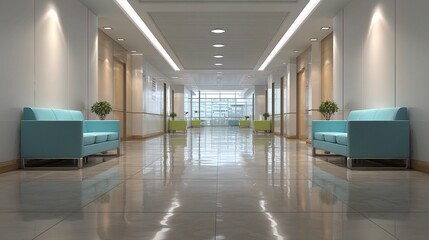 Modern and Clean Hospital Corridor with Comfortable Seating Options