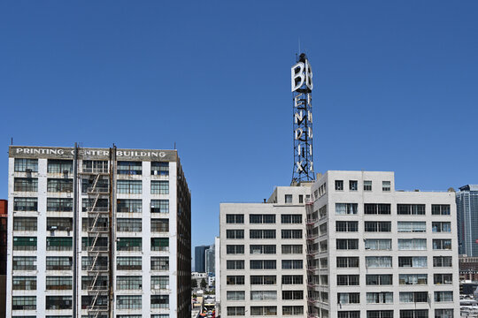 LOS ANGELES, CALIFORNIA - 19 MAY 2025: The Bendix Building and the Printing Center Building in the Fashion District of Downtown Los Angeles.