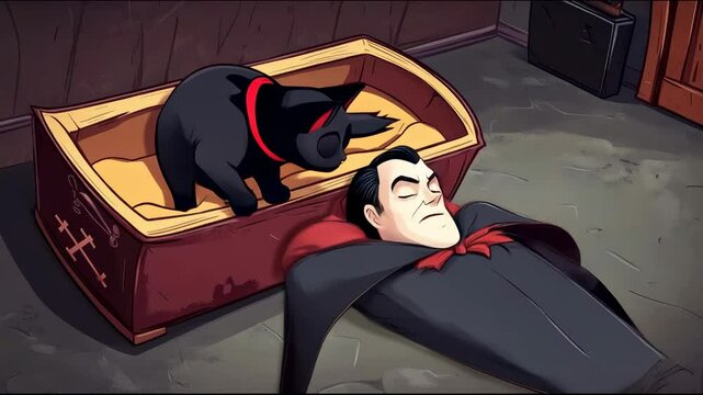 Dracula peacefully sleeps outside his coffin, while his black cat rests inside and wakes him up hungry. Humorous halloween scene perfect for festive social media posts or invitations