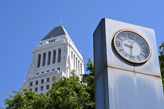 LOS ANGELES, CALIFORNIA - 09 MAY 2025: 213 Seiko Clock Tower at the Sister Cities Monument. It was a gift from the city of Nagoya, Japan, the first Los Angeles Sister City.