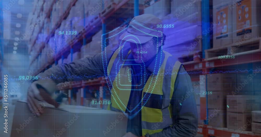 Poster warehouse worker scanning barcode to verify order and showing animated checkmark before taping box