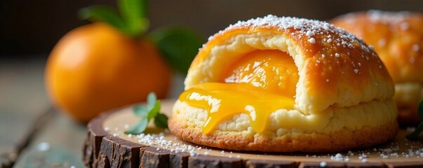Freshly baked tompouce with orange filling and flaky crust, baking, food, dessert