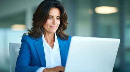 Businesswoman working on a laptop in a modern office environment