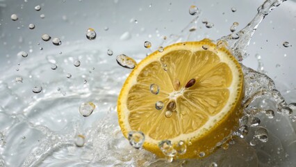 Fresh lemon slice splashing in water, creating vibrant droplets.
