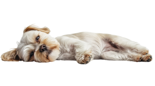 Cute Puppy Lying Down on the Floor Resting Isolated on White Background
