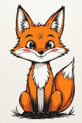 Fototapeta premium Cute cartoon fox with big eyes, fluffy tail, and orange fur, sitting and smiling on a light background.