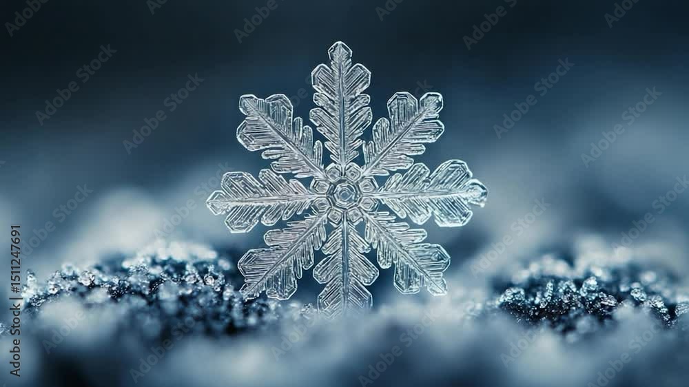 Poster close-up of a delicate snowflake on a blurred blue background. the snowflake features intricate crys
