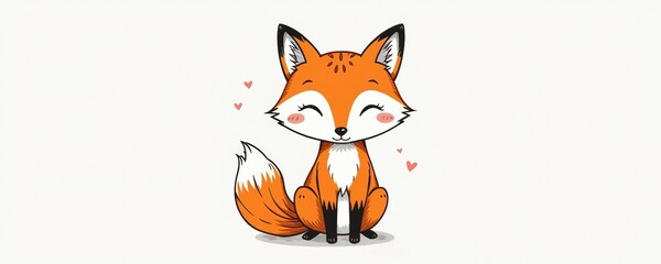 Obraz premium Cute cartoon fox sitting with a happy expression, surrounded by small red hearts on a white background.