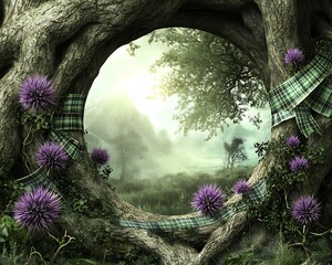 Circular Tree Frame Enclosing Thistle Flowers And Tartan Ribbon With Serene Misty Forest Landscape