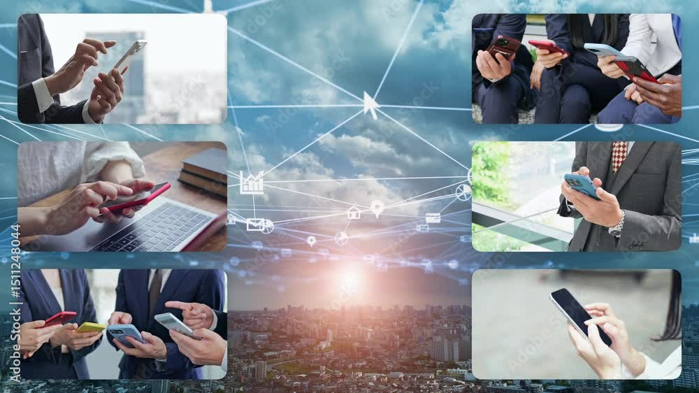 Poster collage video of various smartphone usage scenarios and communication networks