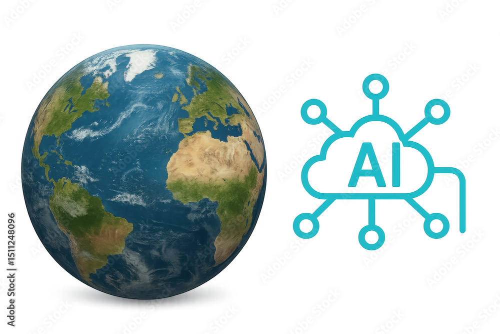 Poster earth globe rotating with artificial intelligence cloud computing symbol, on transparent background