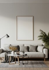 Realistic Interior Living Room With Gray Couch And Blank Frame Mockup