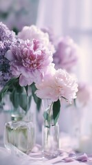 Elegant Arrangement of Soft Pink Peonies and Lilacs in Glass Vases with Perfume Bottle