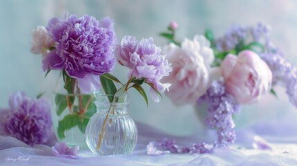 Elegant Arrangement of Purple and Pink Peonies in Glass Vases on a Soft Background