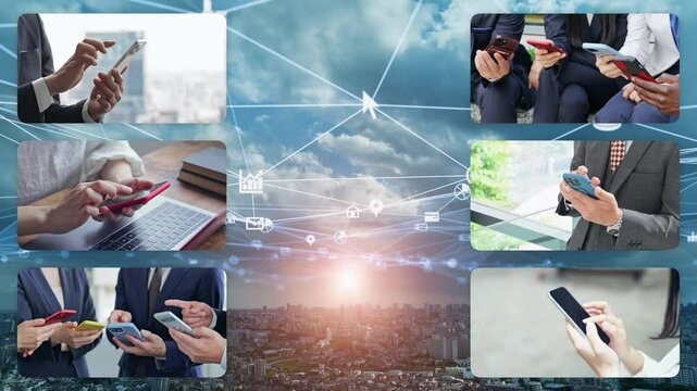 Collage video of various smartphone usage scenarios and communication networks - Powered by Adobe