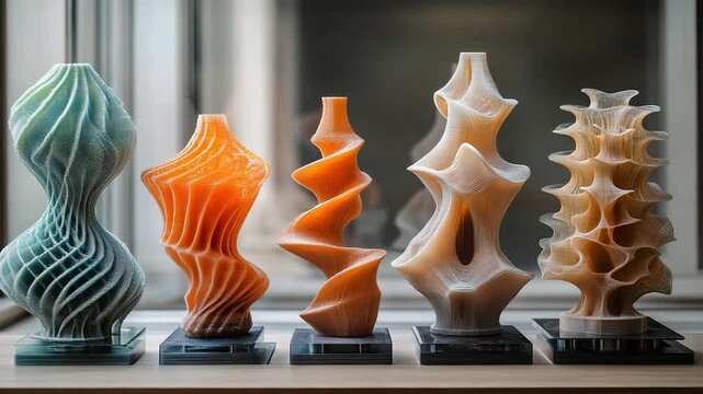 A row of 3D-printed sculptures in varying shapes and colors. The sculptures sit on individual stands with a window backdrop.