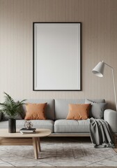 Realistic Interior Living Room with Gray Couch and Minimalist Decor