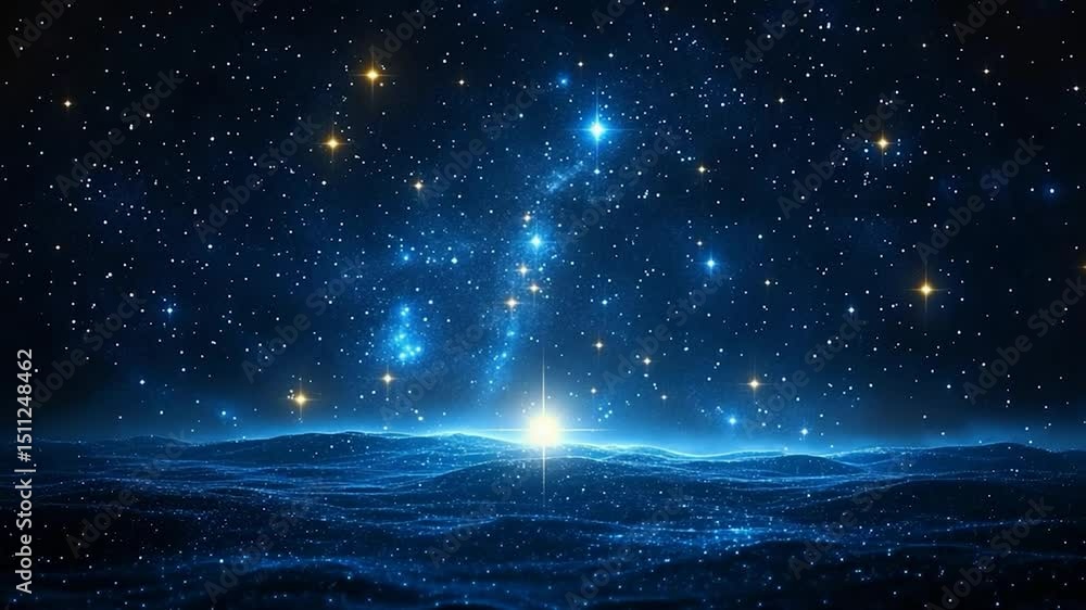 Poster a celestial landscape features a starry night sky with a luminous central point and a textured blue 