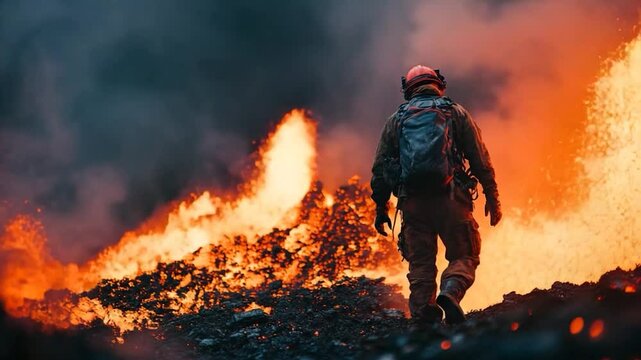 A person in protective gear walks towards a fiery volcanic eruption with billowing smoke emphasizing danger and perseverance.