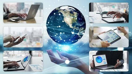 Collage video of various digital device usage scenes and global networks - Powered by Adobe