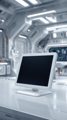 Fototapeta premium Modern monitor on a sleek, futuristic desk within a high-tech laboratory environment