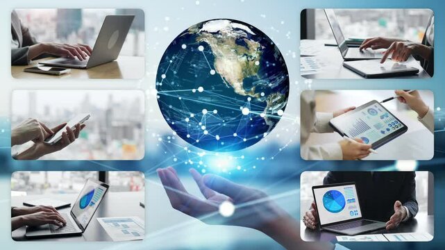 Collage video of various digital device usage scenes and global networks