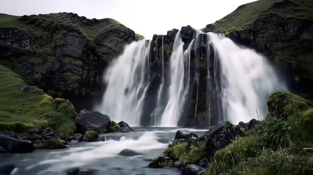 Scenic Waterfall Flowing Through Rocky Terrain And Lush Greenery