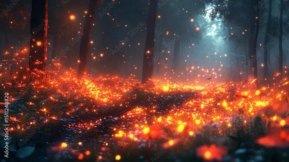 Poster mystical forest path glows with vibrant orange light amid dark trees and sparkling orbs creating an 