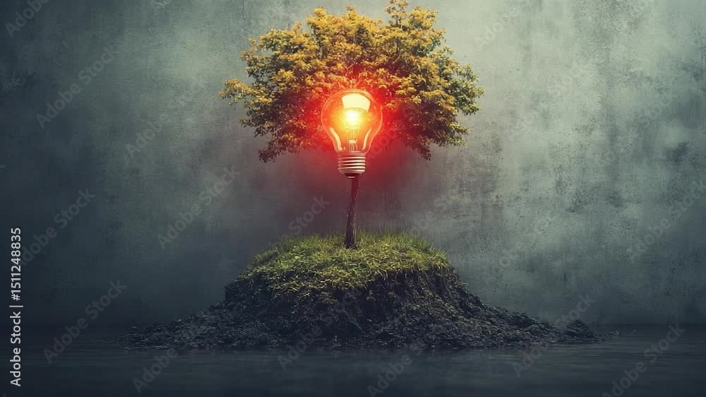 Poster surreal composition featuring a tree with a lightbulb in place of a light source on a small mound of