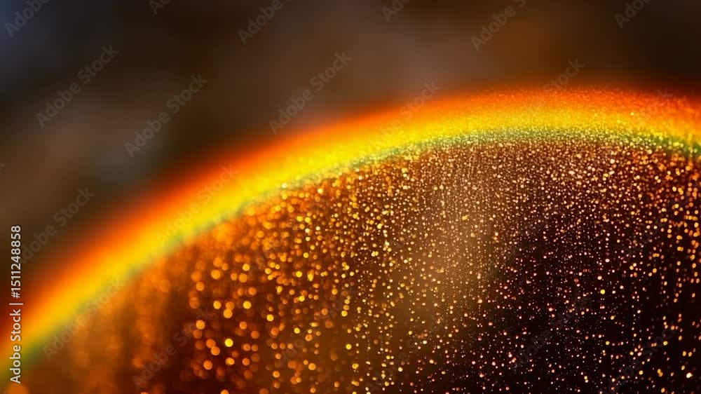 Poster abstract close-up of a rainbow arching over a sparkling bokeh-filled golden surface. warm tones domi