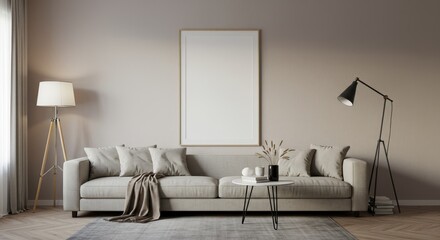 Realistic Interior Living Room with Gray Sofa and Modern Mockup Frame