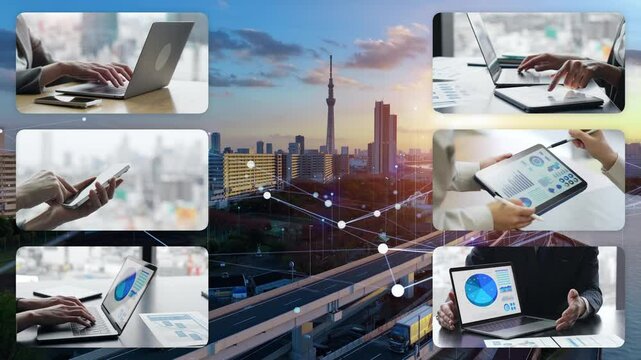 様々なデジタルデバイス利用シーンと通信ネットワークのコラージュ映像