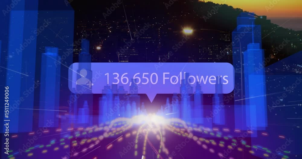 Poster white point emitting streams spawning rising blue columns updating follower counts showing growth