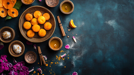 Diwali Sweets Flatlay: Orange Treats and Incense on Dark Background