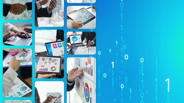 Collage video of various business scenes and digital technology