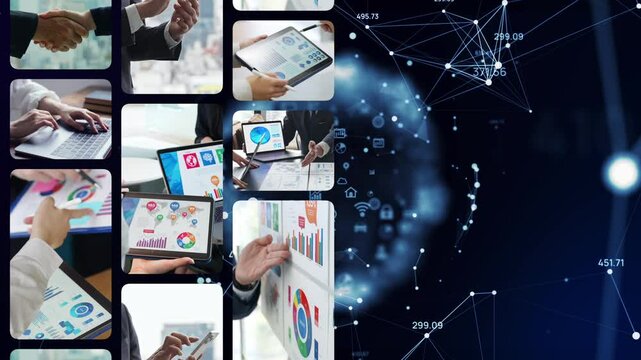 様々なビジネスシーンとデジタルテクノロジーのコラージュ映像