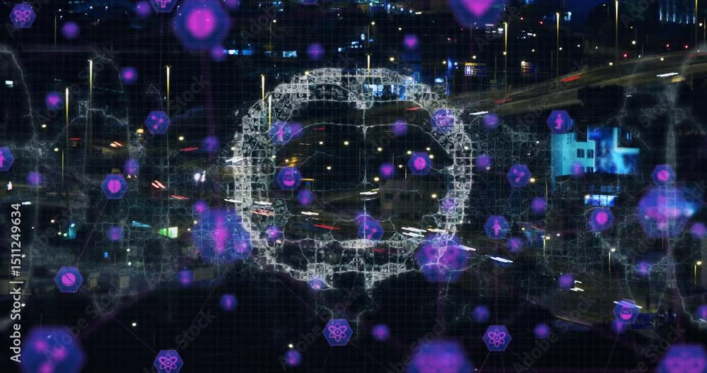 Poster purple glow appearing over highway initiating wireframe brain forming, visualizing icons, data flow