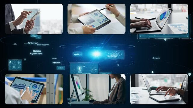 様々なデジタルデバイス利用シーンとデジタルテクノロジーのコラージュ映像
