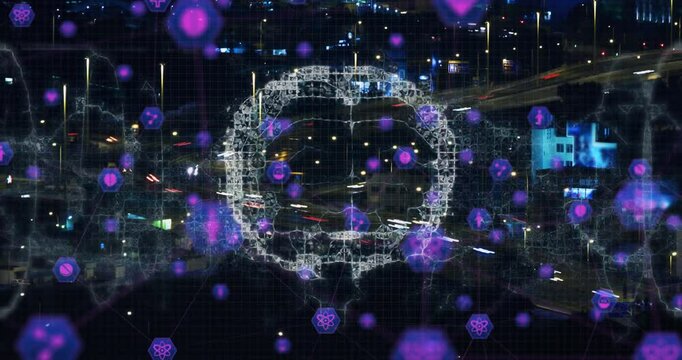 Purple glow appearing over highway initiating wireframe brain forming, visualizing icons, data flow