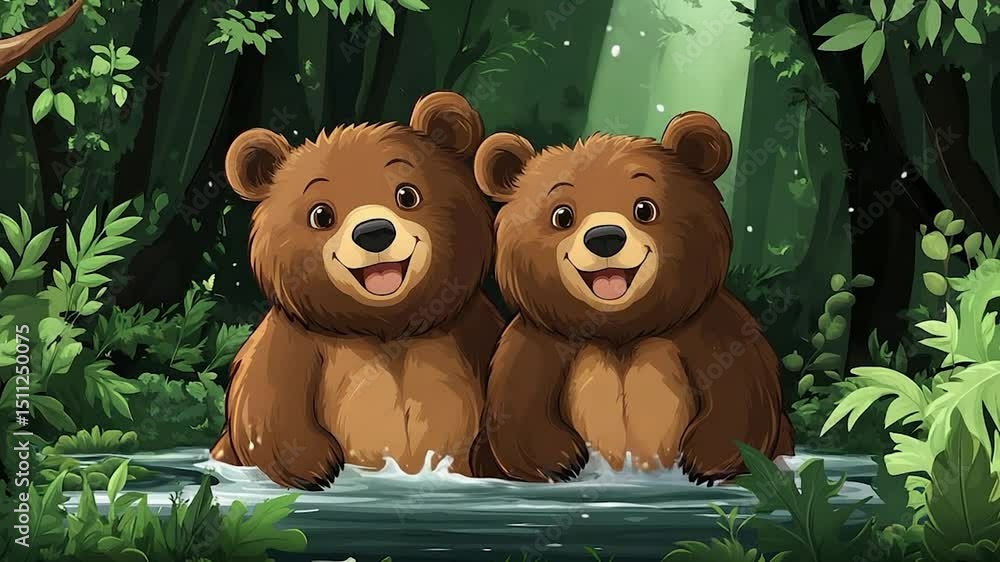 Poster two brown cartoon bears in a forest stream smiling and looking at the viewer. green foliage frames t
