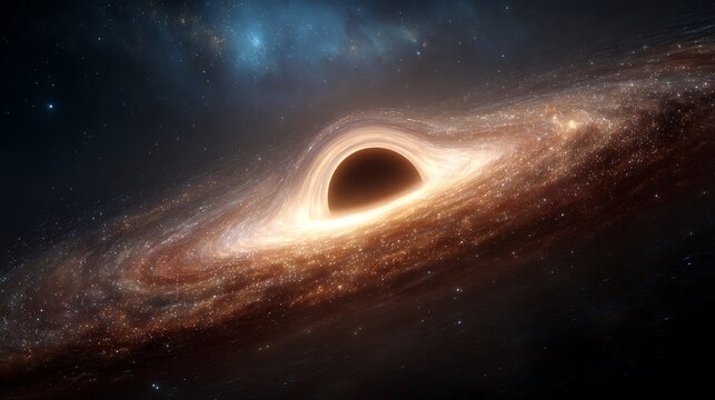 Swirling Black Hole Distorts Space Time With A Bright Ring Of Light Around Its Event Horizon Against A Galaxy Backdrop. Cosmic phenomenon, astrophysics, wallpaper background