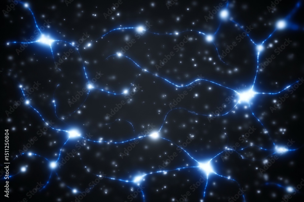 Poster glowing neural network: blue light synapse connections in a dark space
