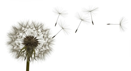 Illustration of a Dandelion Seed Head Blowing in the Wind on White