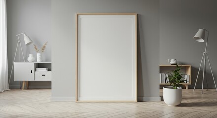 Realistic Interior Mockup Blank Poster Frame on Gray Wall Decor