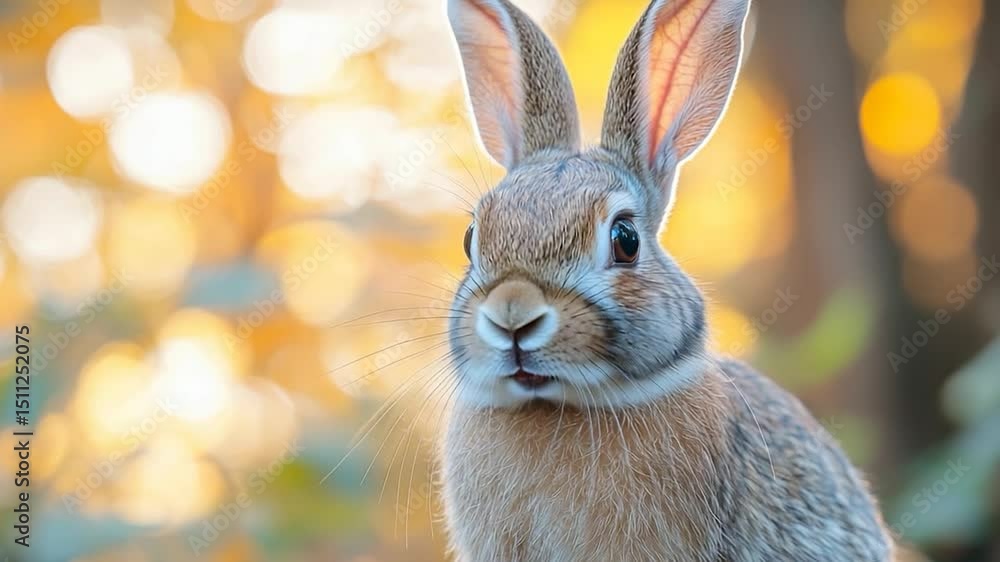 Poster close up portrait of a brown and gray rabbit with long ears and bokeh background