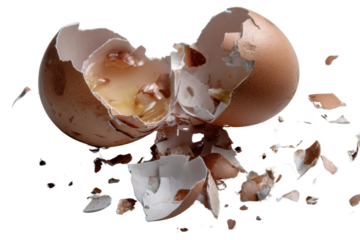 Shattered Eggshell: A striking close-up of a cracked egg, revealing the yolk and fragmented shell pieces. The image symbolizes fragility and new beginnings.