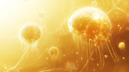 Golden, glowing cells in a surreal, microscopic environment