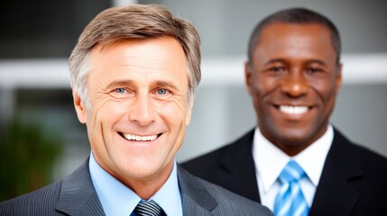 Two professional businessmen smiling in a modern office setting