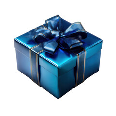 Blue Gift Box with Bow: A square, metallic blue gift box adorned with a large, elegant blue ribbon and bow, perfect for celebrating special occasions. 